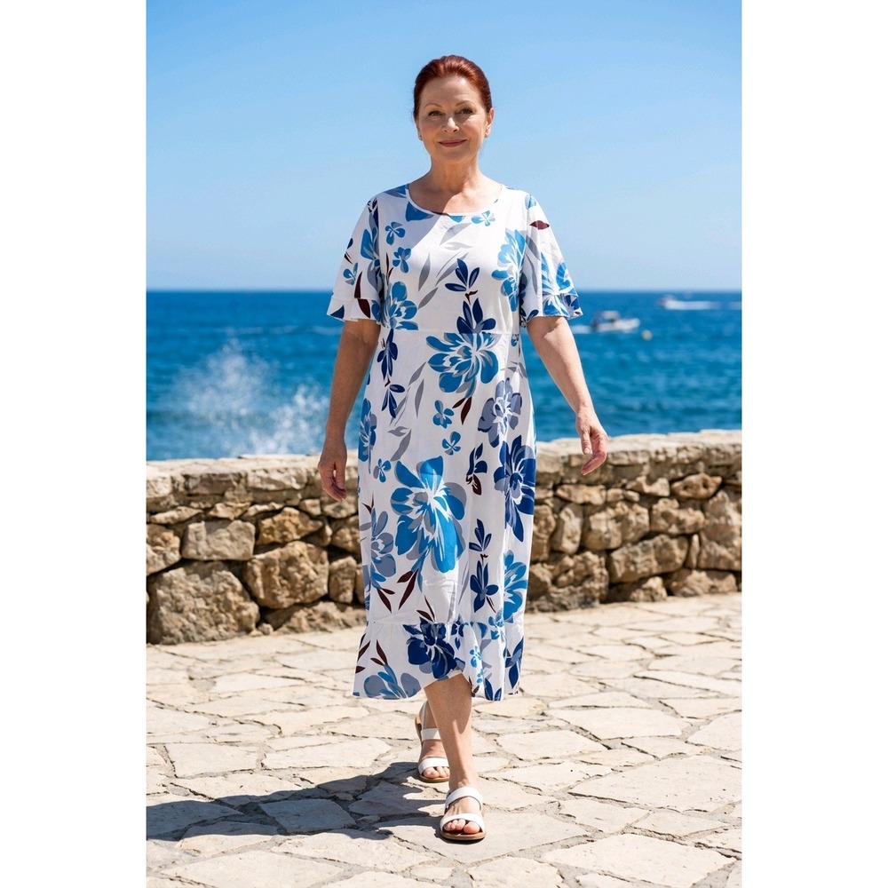 Floral Print Maxi Dress Blue White Short Flutter Sleeve Ruffle Hem 3XL